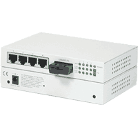 Fast Ethernet Desktop Switch mit 4x 10/100MBit/s 100Base-TX RJ-45 Ports und 1x 100Base-FX Multimode oder Singlemode (Monomode) LWL Uplink Port, alle Ports automatisch und manuell konfigurierbar, Webbased Management, Port- und Tag- basierte VLAN-Unterstützung.