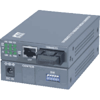 Fast Ethernet desktop media converter with 1x 10/100MBit/s 100Base-TX RJ-45 port and 1x 100Base-FX multimode / singlemode (monomode) / BiDi (WDM / SingleFiber) or CWDM port, optimized latency, auto-negotiation, auto MDI/MDI-X, dimensions 108x75.5x23mm, operating voltage +5V..+12V DC, consumption max. 2W. Operating temperature -5°C..+50°C, RH 5..95% non condensing, FCC class B, CE class B, remote port status (LED), 19" rack installation with product group  0961138 or  0961398.