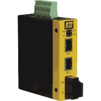 3 Port Fast Ethernet Industrie Switch mit 2x 10/100MBit/s 100Base-TX RJ-45 Ports und 1x 100Base-FX Multimode, Singlemode (Monomode) oder BiDi (WDM / SingleFiber) LWL Port für SC oder ST / BFOC Steckverbinder. Hutschienenmontage, lüfterlosse Metallgehäuse, Abmessungen 28x82x95mm, erweiterter Temperaturbereich, Betriebstemperatur -20°C..+70°C, Alarm Ausgang, Betriebsspannung +7 bis +50V DC.