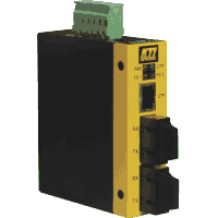 3 Port Fast Ethernet Industrie Switch mit 1x 10/100 MBit/s 100Base-TX RJ-45 Port und 2x Fast Ethernet 100Base-FX LWL Ports Multimode mit SC bzw. ST / BFOC Steckverbinder oder Singlemode (Monomode) oder BiDi (WDM / SingleFiber) mit SC Steckverbinder, Hutschienenmontage, lüfterloses Metallgehäuse, erweiterter Temperaturbereich Betriebstemperatur -20°C..+70°C, Abmessungen 28x82x95mm, Alarm Ausgang, Betriebsspannung +7 bis +50V DC.