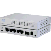 6 Port Gigabit Ethernet Switch, Tischgehäuse mit 5x 10/100/1000 MBit/s 1000Base-T RJ-45 Ports und 1x 100/1000MBit/s Dual Speed 1000Base-X Gigabit Ethernet SFP Steckplatz inkl. Multimode 1000Base-SX oder Singlemode 1000Base-LX SFP Modul (Mini-GBIC), Web Management, VLAN, QoS, RSTP Rapid Spanning Tree, MSTP, MAC Security, Link Aggregation mit LACP, IGMP Snooping. Lüfterloses Metallgehäuse inkl. Steckernetzteil.