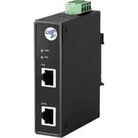 PoE Power over Gigabit Ethernet Injector (Midspan) for 12V DC to 55V DC for mounting in a control cabinet.