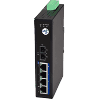 Fast Ethernet industrial switch with  4x 100Base-TX 10/100MBit/s RJ-45 high PoE ports and 1x 100Base-FX 100MBit/s fiber optic port for SC connector, auto MDI/MDI-X, IP30, rugged metal case dimensions WxHxD 30x142x99mm, redundant power, polarity reverse protection, overload current protection, input voltage 48V DC according to IEEE 802.3af max. 25W or 51..55V DC according to IEEE 802.3at max. 30W, removable terminal block, consumption: max. 130W, operating temperature see selection box, 35mm DIN rail mountable and wall mounting.