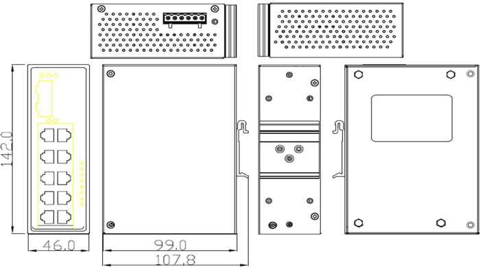 dimensional drawing 12981022 Industrial PoE+ switch 2x GbE SFP 8x 100Base-TX RJ45 PoE+ 30W