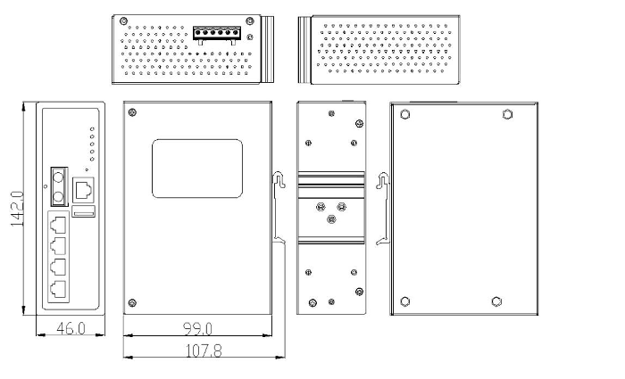 Maßzeichnung 12985016 Industrial Fast Ethernet Switch 4x RJ-45 PoE+ 1x LWL managed