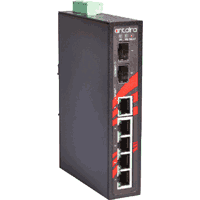 Industrial Ethernet switch with 5x 10/100MBit/s 100Base-TX Fast Ethernet RJ-45 ports and 2x 100/1000MBit/s dual speed Fast / Gigabit Ethernet SFP slot. Auto MDI/MDI-X, IP30, rugged metal case dimensions WxHxD 30x142x99mm, redundant power, polarity reverse protection, overload current protection, input voltage 12..48V DC, removable terminal block, consumption: 6W, operating temperature see selection box, wall mounting and 35mm DIN rail mountable (both included in delivery). Antaira LNX-0702C-SFP.