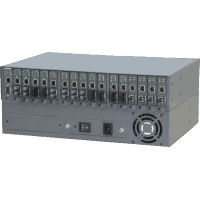 Fiber optic converter housing for max. 16 Fast and Gigabit Ethernet media converters of series  0961300D and  0961300M, 2HU, operating current: 90..264V AC, 60W, WxHxD 443x88x300mm, operating temperature -5°C..40°C, RH 5%..95% non-condensing, optional redundant power supply and / or management support.