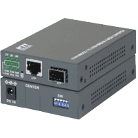 Gigabit Ethernet media converter with 1x 10/100/1000 MBit/s RJ-45 port and 1x 100/1000 MBit/s dual speed SFP slot incl. SFP module (see selection box), Jumbo frame support, latency port to port 1μs (cut through), configuration via DIP switch, operating temperature -40°C..70°C, dimensions WxDxH 72.5x108x23mm, operating voltage +5V..+12V DC incl. Wall wart (0°..40°), approvals FCC Class A, CE mark Class A, VCCI Class A, LVD. 19" mounting see product group  0961138 or  0961398  DIN rail see item 09611428 (selection box).