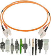 Fiber optic patch cord made-to-order termination simplex, duplex or I-V(ZN)HH flat duplex, multimode OM1, OM2, OM3, OM4 or singlemode (monomode) OS2, cut/polish: PC, UPC or APC angle-polished, connector: ST/BFOC/SC/DIN/FC/E2000/F-SMA/LC/MU/MTRJ/FDDI/ESCON - prices requestable in our configurator.