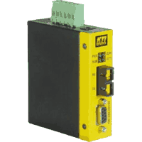 Fiber optic converter transmits RS-232 signals transparent via multimode or singlemode (monomode) optical fiber. D-Sub9 socket, DCE, transmits handshake (RTS, CTS, DTR, DSR), optical isolation between RS-232 and main circuitry, ESD-protection and overvoltage protection (RS232), relay signal contact for power failure, fanless metal case, dimensions WxDxH 28x82x95mm, mounting on 35mm DIN rail, operating temperature -30..+70°C, input voltage +7V..+30V DC at screw terminal or DC socket.
