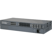 24 port managed Gigabit Ethernet modular switch with 3 slots for 8 port Fast Ethernet / Gigabit Ethernet modules with SFP slots rsp. Ports for RJ-45, fiber optic ST/BFOC or SC connector. Input voltage 100..240V AC or 40..72V DC, dimensions 443x245x43mm 1HU, delivery incl. 19"-mounting kit. Management: Console CLI, Telnet CLI, web, SNMP v1/v2C/v3, SSH, HTTPS, VLAN, QoS, LACP, STP, RSTP, MSTP, IGMP, DHCP client, ACL, SNTP client, LLDP, 802.1X RADIUS authentication, bandwidth control, Broadcast Storm control, Configuration download/upload.