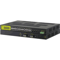 Industrial GbE switch with 24x 10/100/1000 MBit/s 1000Base-T RJ-45, thereof 4 combo ports with 100/1000MBit/s dual speed SFP slots. L2/L3 management functions, Green Ethernet, alarm relay, extended temperature range, operating temperature -30°C..+60°C, dimensions WxDxH 443x280x43mm, mounting 19" 1HU, approvals CE mark Class A, FCC Class A, VCCI Class A, EN50121-4. Optional without PoE support operating voltage 100V..240V AC or with PoE support 24x 30W operating voltage 45V..57V DC PoE according to IEEE 802.3af or 51V..57V DC according to IEEE 802.3at.