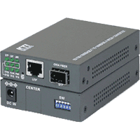 Gigabit Ethernet bridging media converter in a desktop chassis with 1x 10/100/1000MBit/s 1000Base-T RJ-45 port and 1x 100/1000MBit/s dual speed 1000Base-X slot for 1000Base-SX, 1000Base-LX or BiDi/CWDM SFP modules, web management 802.1Q VLAN, QoS, SNMP Traps, Loop Back test, 9600 Bytes Jumbo Frames, operating temperature -40°C..70°C (wall wart 0..40°), RH 5..95% non condensing, dimensions 108x72.5x23mm, 19" rack installation with product group 0961138 or 0961398. Approvals FCC Class A, CE mark Class A, VCCI Class A, C-Tick.