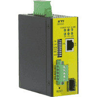 Industrial terminal Server (Com Server) with 1x RS-485 / RS-422 fieldbus at screw terminal galvanic isolated, 100Base-TX 10/100 MBit/s Fast Ethernet RJ-45 port PoE PD (powered device) and 1x 100Base-FX 100MBit/s SFP slot. Bandwidth max. 230400 Bit/s, relay contact, operating temperature -30°C..+70°C, input voltage +8..+60V DC or 802.3af POE, consumption max.2W @ 24V DC, 3W @ 48V PoE, fanless metal case, dimensions WxDxH 40x80x95mm, mounting on 35mm DIN rail. Approvals FCC Class A, VCII Class A, CE Class A.