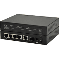 6-port Gigabit high PoE Power over Ethernet switch with 5x 1000Base-T 10/100/1000 MBit/s RJ-45 ports, thereof 4x PoE+ according to IEEE 802.3at standard with max 30W /port, total budget 85W and 1x 1000Base-X 100/1000MBit/s dual speed SFP slot,  fanless metal case, dimensions WxDxH 147x106x28mm, operating temperature 0..40°C, CE, FCC, external power supply included in delivery.