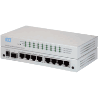 8 port Gigabit Ethernet switch in a desktop case with 7x 10/100/1000Mbit/s 1000Base-T RJ-45 ports and 1x 1000Base-X combo port incl. 1000Base-SX multimode or 1000Base-LX singlemode (monomode) SFP module for LC connector. Supports VLAN, QoS, LACP, IGMP Snooping, RSTP Rapid Spanning Tree, MSTP, DDM. Management: Web interface and SNMP v1 v2c. Fanless metal case, dimensions WxDxH 180x114x26mm, input voltage +5V DC, consumption max. 7.3W, incl. Wall wart.