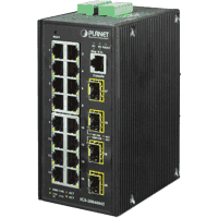 Managed 20 port Industrial Gigabit Ethernet switch with 16x 10/100/1000MBit/s 1000Base-T RJ-45 ports and 4 SFP slots for 100/1000MBit/s 100Base-FX and / or 1000Base-SX / 1000Base-LX SFP modules, suitable for singlemode or multimode fiber optic cable with LC connector. Supports Jumbo Frames, 40GBps, 25.6MPps. Metal case, protection class IP30, input voltage: 12V..48V DC redundant, protection ESD 6KV DC, EFT 6KV DC, dimensions 87.8x135x56mm (WxDxH). Management web, console, Telnet, SNMP v1, v2c, SSH, SSL, SNMP v3, STP, RSTP, MSTP, VLAN, QoS, IGMP...