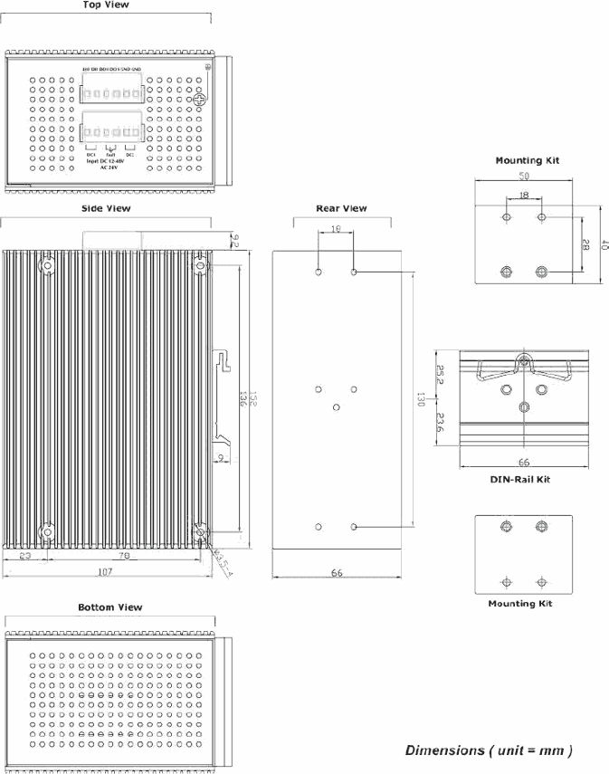 dimensional drawing 10142004 20 port managed Industrial Gigabit Ethernet switch 4x SFP slots