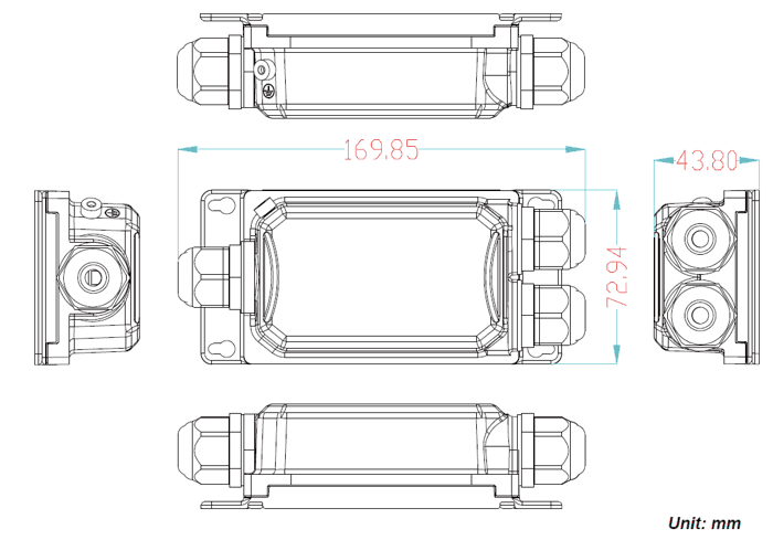 dimensional drawing 10143020 Gigabit POE++ extender 802.3bt to 2x 802.3at/bt IP67 -40°-+75°C