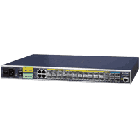 28 port Industrial Ethernet L3 switch 19" 1HU with 4x 10Gigabit Ethernet uplink SFP+ slot, 24x 100/1000MBit dual speed slot for Fast and Gigabit SFP modules, thereof 4x combo ports with 10/100/1000MBit/s 1000Base-T RJ-45 port and 1x RJ-45 RS-232 console port. Total throughput 128GBps, IPv4, IPv6, SNMP, RMON, system Log, OSPFv2, VLAN, STP, RSTP, MSTP, LACP. Port mirroring, EPRS, compatible with UDLD, IGMP/MLD, MVR, NTP, DDM etc.. Operating voltage 100..240V AC or 36V..60V DC redundant, operating temperature DC -40°C..+75°C, AC -10°C..+60°C.