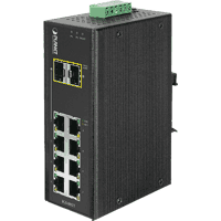 Managed 10 port Industrial Gigabit Ethernet switch with 8x 10/100/1000MBit/s 1000Base-T RJ-45 ports and two SFP slots for 100/1000MBit/s 100Base-FX and / or 1000Base-SX / 1000Base-LX SFP modules, suitable for singlemode or multimode fiber optic cable with LC connector. Supports Jumbo Frames, 20GBps, 14.8MPps. Metal case, protection class IP30, input voltage: 12V..48V DC redundant, protection ESD 6KV DC, EFT 6KV DC, dimensions 87.8x135x56mm (WxDxH). Management web, Telnet, SNMP v1, v2c, SSH, SSL, SNMP v3, STP, RSTP, MSTP, VLAN, QoS, IGMP, MLD...