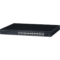 28 port Fast / Gigabit Ethernet switch with 24x 10/100MBit/s 100Base-TX Fast Ethernet RJ-45 ports with PoE support and 4x 10/100/1000MBit 1000Base-T Gigabit Ethernet RJ-45 ports, thereof 2x combo ports with 1000Base-X SFP slot for multimode 1000Base-SX or singlemode (monomode) 1000Base-LX SFP fiber optic modules for LC connector. Management: SNMP, browser, Telnet, console, RMON, STP, RSTP, VLAN, link-Aggregation, IGMP, QoS, IEEE 802.1X, Radius, TACACS+, SSH, SSL. Jumbo Frames, PoE: IEEE 802.3af total power 180W, 15.4W / port on Fast Ethernet ports.