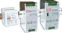 Power supplies for 35mm DIN rail and wall warts, input: 230V AC, output: 12V DC.