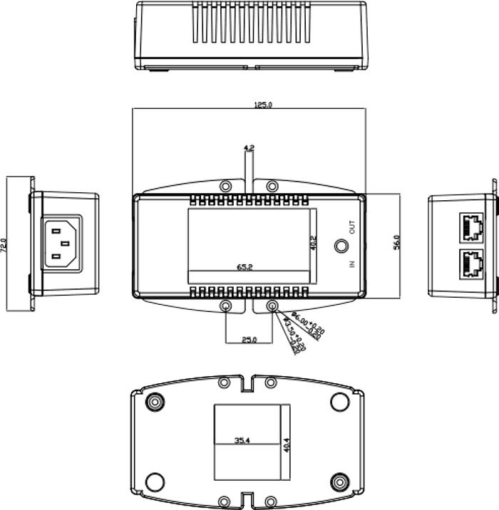 dimensional drawing 114409 POE Plus Power over Gigabit Ethernet injector 35W high power