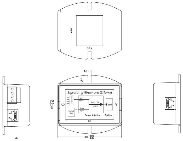 MaßzeichnungMaßzeichnung 114469 PoE Injektor Gigabit Ethernet IN: 10-36V DC OUT: IEEE 802.3af Kunststoffgehäuse
