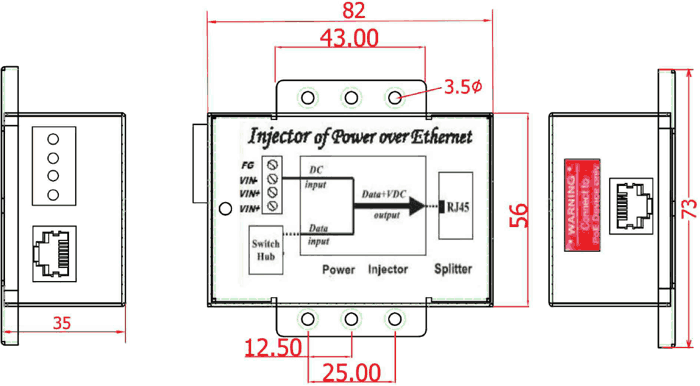 dimensional drawing 114414D PoE injector IN:10-36VDC OUT:IEEE 802.3af metal casemetal case