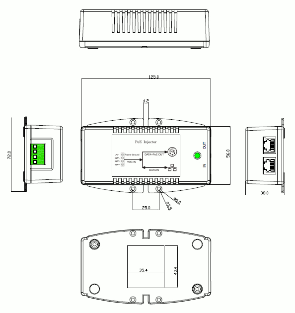 dimensional drawing 1144201 PoE injector 1/5 Gigabit Ethernet IEEE 802.3bt Vin: 10..60V DC