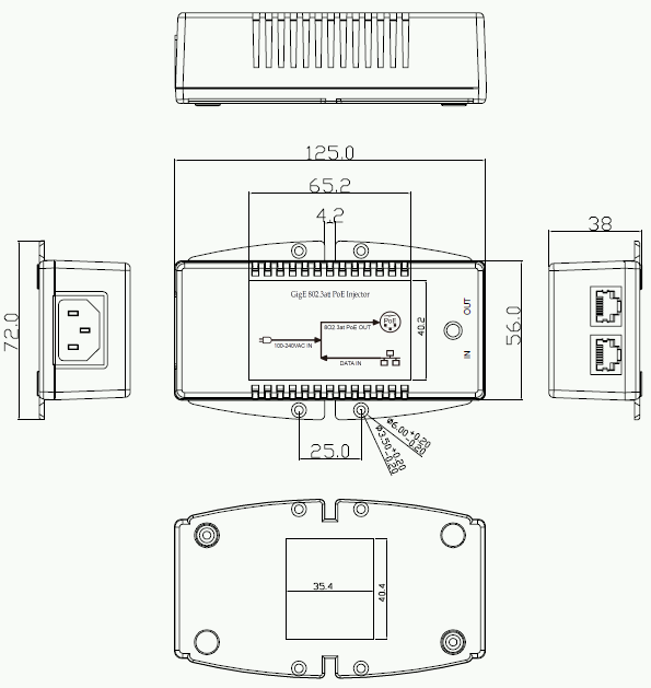 dimensional drawing 11443357 GbE PoE injector Vin:100-240V AC Vout:56V DC PoE 60W permanent