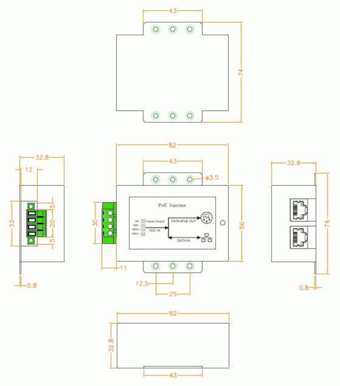 dimensional drawing 11444598 PoE injector 5 Gigabit Ethernet IN:12V/24V DC OUT: IEEE 802.3af