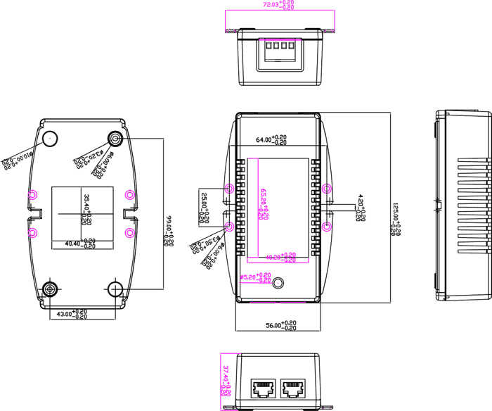 dimensional drawing 114455 GbE PoE injector DC IN, OUT:IEEE 802.3at 35W EN-60945 EN-50155