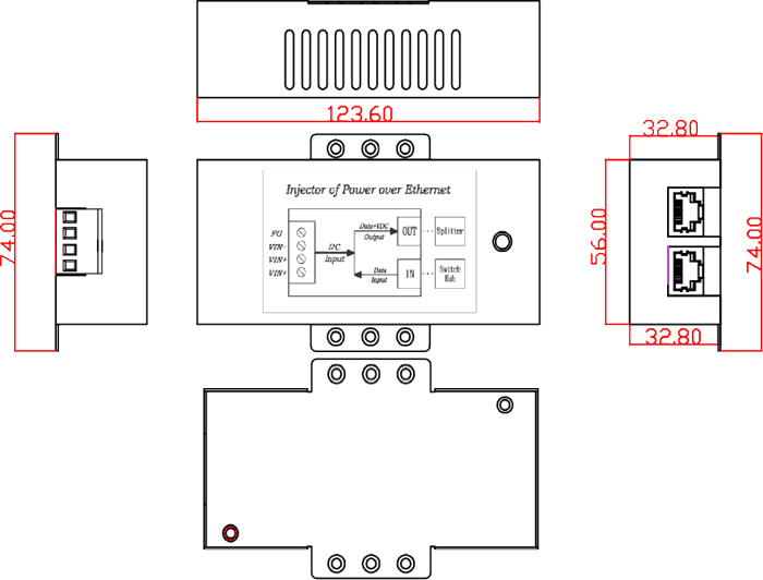dimensional drawing 114455 metal case Gigabit PoE injector DC input, PoE IEEE 802.3at 35W metal case