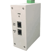 PoE++ injector according to IEEE 802.3bt standard for input voltages of 11V DC up to 60V DC and 10/100/1000MBit/s 1000Base-T Gigabit Ethernet. Protection against short circuit, overcurrent, wrong polarity, undervoltage, operating temperature -40°C..+70°C, dimensions WxHxD 66x125x102mm, mounting 35mm DIN rail.