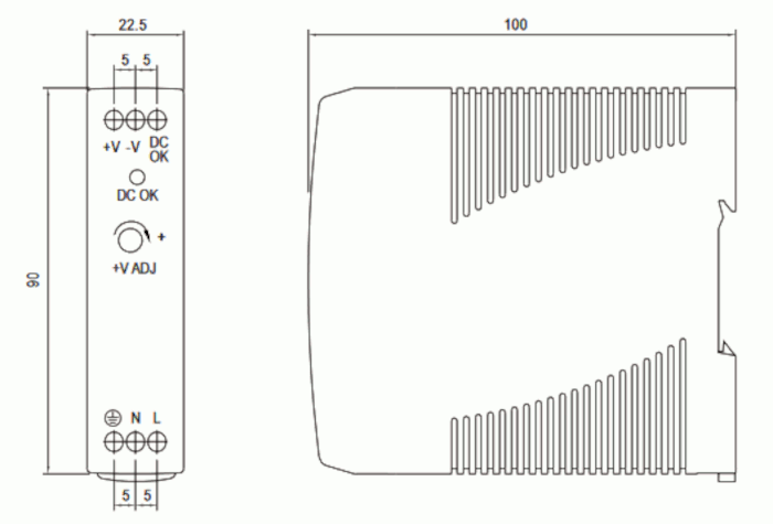 dimensional drawing 11522024R DIN rail power supply IN:85-264V AC, OUT:24V DC, 24W/1A