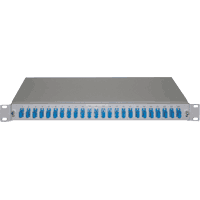 19" fiber optic distribution panel for installing pre terminated or on-site terminated fiber optic cable. Cable trough and distribution panel, steel plate powder coated, with printed digits. Suitable for circular connector ST / BFOC, FC, F-SMA.