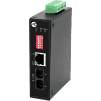 Fast Ethernet industry fiber optic converter with 1x 10/100MBit/s 100Base-TX RJ-45 port and 1x 100Base-FX fiber optic port for SC connector. Redundant power supply, polarity reverse protection, overload current protection, input voltage 12V..48V DC, operating temperature -40°C..+80°C, removable terminal block, consumption: 1.92W, 35mm DIN rail mountable and wall mountable both included in delivery, metal case, dimensions WxHxD 26x95x75mm.