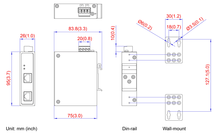 dimensional drawing 1296202 Industrial Gigabit high PoE injector 12V/24V/48V DC 30W
