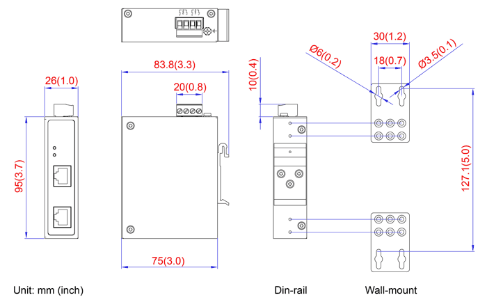 dimensional drawing 1296202 Industrial Gigabit PoE injector 12V/24V/48V DC -> IEEE 802.3at