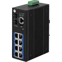 Manageable Industrial 10 Gigabit Ethernet switch with 2x 1/10GBit/s dual speed 10GBase SFP+ slots for 10Gigabit SFP+ and/or Gigabit SFP modules and 8 10/100/1000MBit/s 1000Base-T RJ-45 PoE+ ports according to IEEE 802.3at/af standard for Fast or Gigabit Ethernet end devices, operating temperature -40°C .. +60°C, input voltage 12V .. 55V DC, dimensions WxHxD 54x142x99mm DIN rail mountable and wall mounting included in delivery. Management web, CLI, Telnet, SNMP, SSH, G.8032 ERPS, RSTP, MSTP, static routes, Radius. TACACS+, QoS, LACP, VLAN, SNMP, etc.
