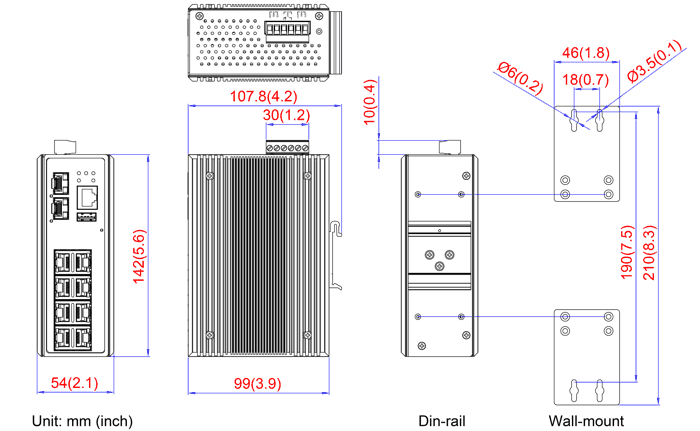 Maßzeichnung 12963220 Industrial Ethernet Switch 2x 10GbE SFP+ und 8x GbE RJ-45 PoE+
