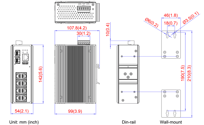 dimensional drawing 12963220 Industrial Ethernet switch 2x 10GbE SFP+ and 8x GbE RJ-45 PoE+