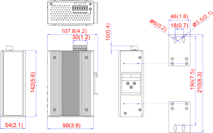 Maßzeichnung 12965000 Managed Industrial Ethernet Switch 100Base-TX -40..75°C