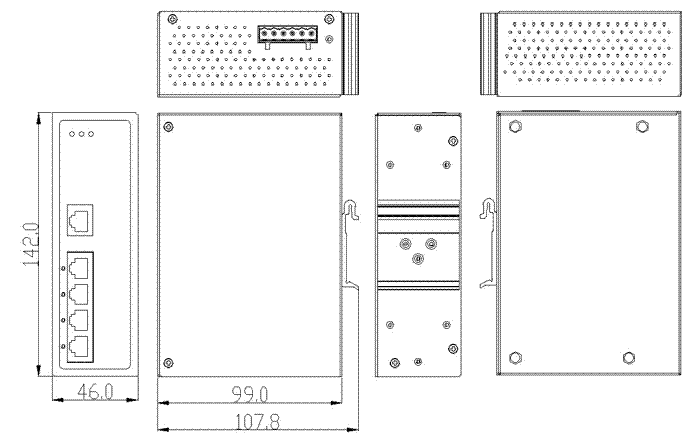 Maßzeichnung 12965004 Industrie PoE+ Switch IN 12V/24V DC OUT 4x 802.3at 30W