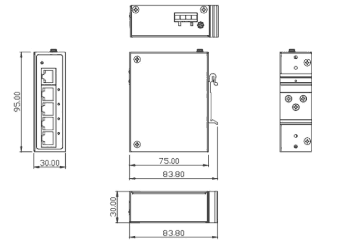 dimensional drawing 12965005 5 port Industrial Gigabit PoE+ switch 4x IEEE 802.3at 30W