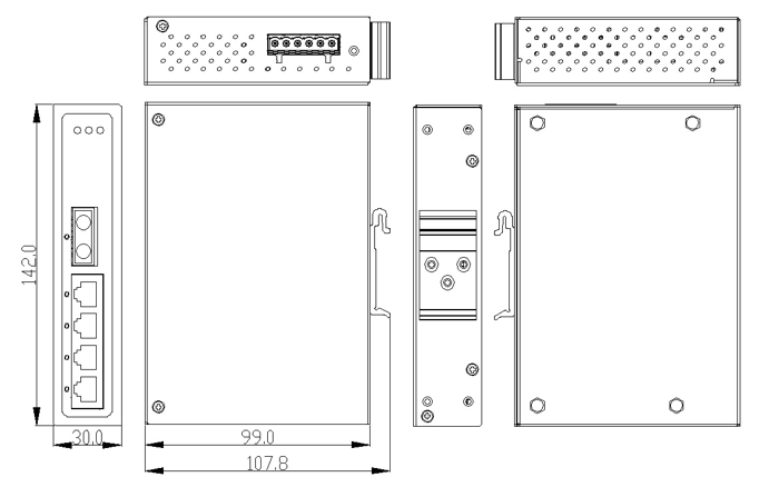 dimensional drawing 12965014 5 port Industrial Fast Eth.PoE+ switch 4x RJ-45 1x fiber optic