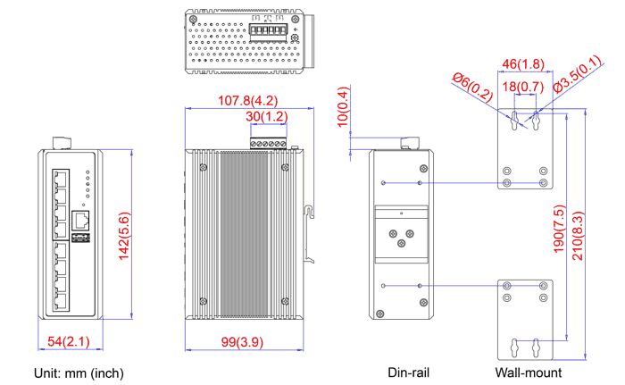 Maßzeichnung 12968009 8 Port Industr. Gigabit Ethernet High PoE Switch managed 12~55V