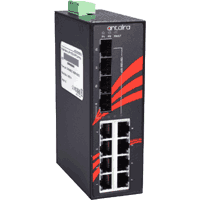Gigabit Ethernet industrial switch with 8x 10/100/1000MBit/s 1000Base-T RJ-45 ports and 4x 100/1000MBit/s dual speed SFP slot. Auto MDI/MDI-X, IP30, rugged metal case dimensions WxHxD 46x142x99mm, redundant power, polarity reverse protection, overload current protection, input voltage 12..48V DC, removable terminal block, consumption: 15W, operating temperature see selection box, wall mounting and 35mm DIN rail mounting kit (both included in delivery).